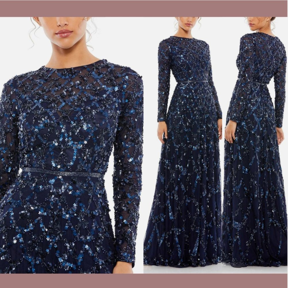 NWT $698 Mac Duggal [ 18 ] Beaded Sequin Long Sleeve A-Line Gown Midnight Blue‎